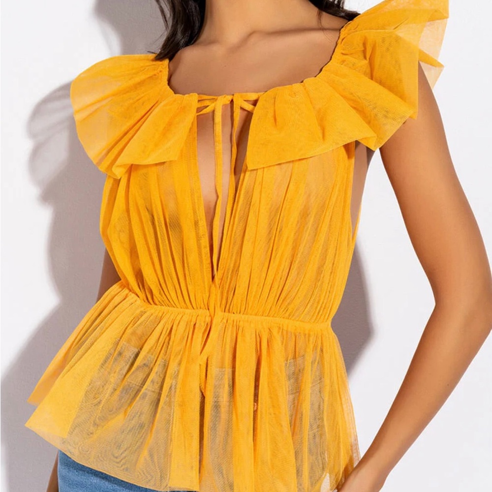 Akira Yellow Ruffle Collar Peplum Blouse | LARGE | NWT
